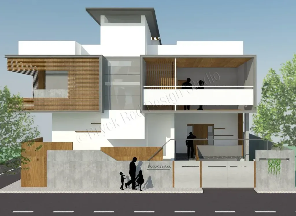 Street elevation of a modern two-storey villa with a cantilevered upper floor.