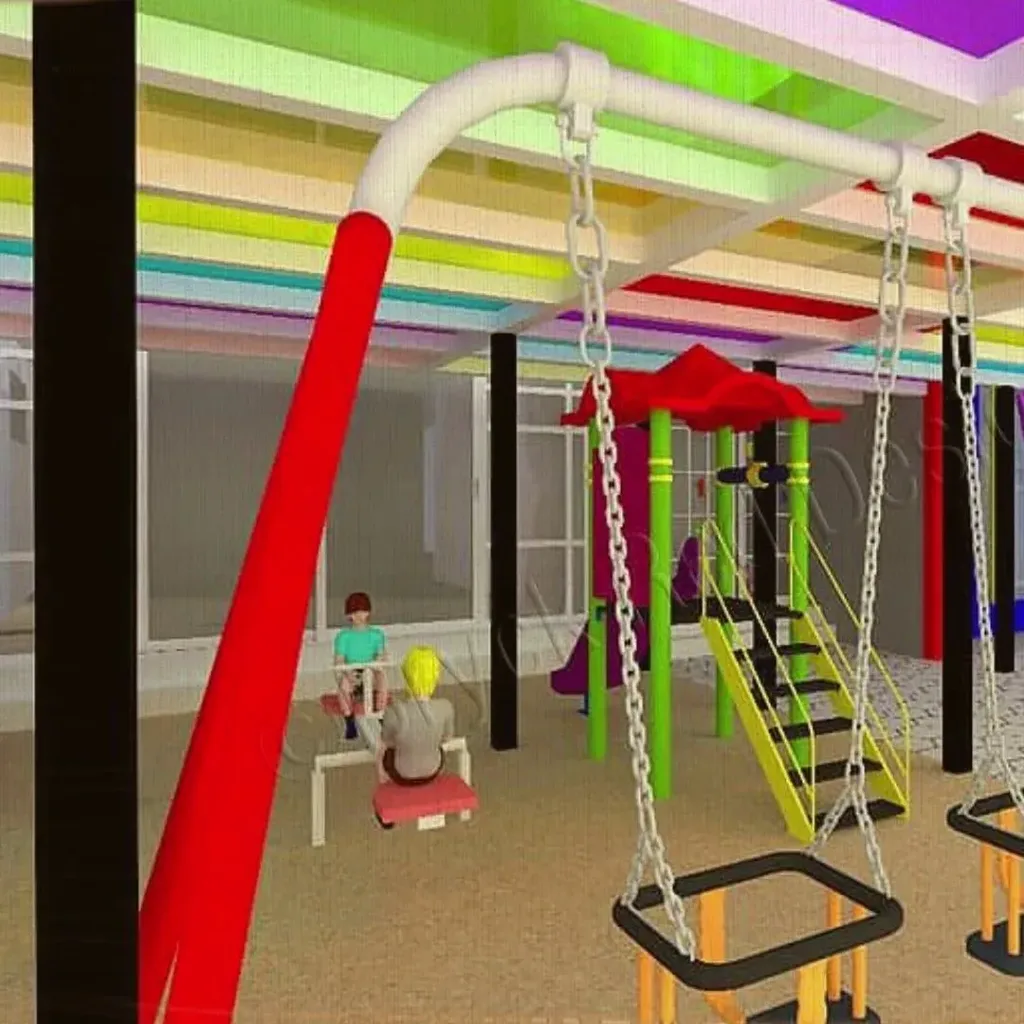 Outdoor play frame with swings, slides and climbing ropes.
