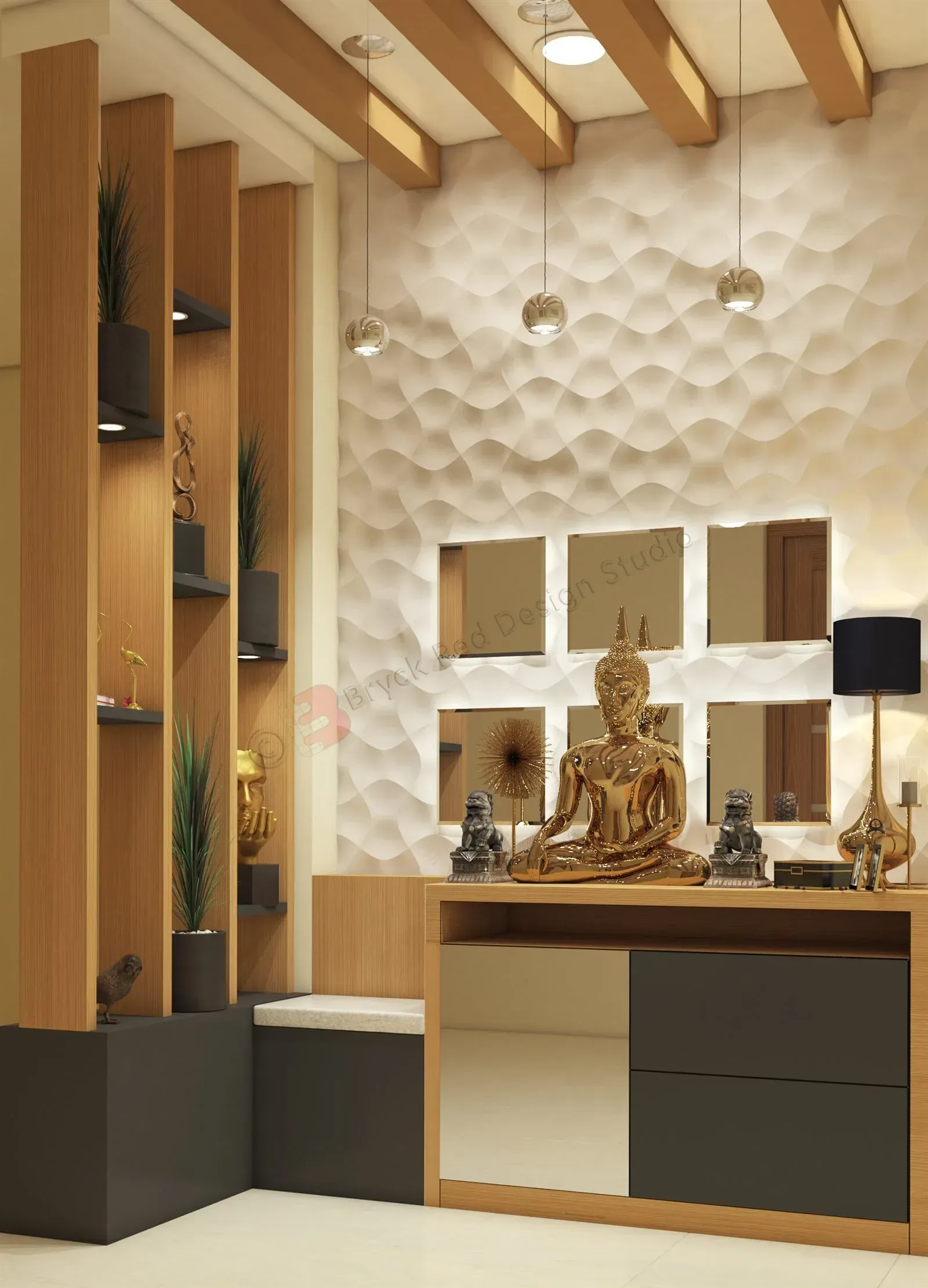 Carved timber prayer unit with concealed lighting.