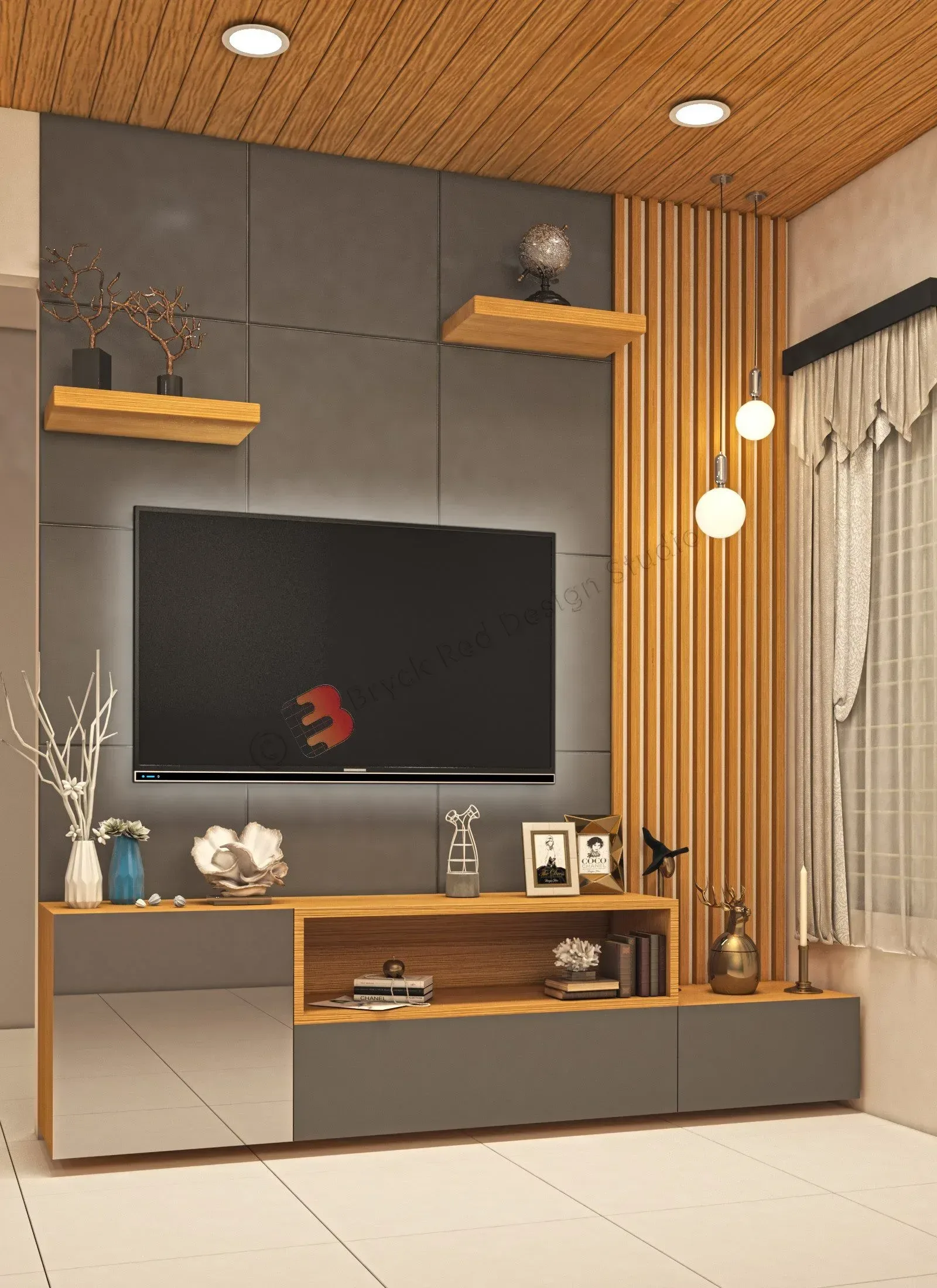 Television unit in timber and stone with display shelving.