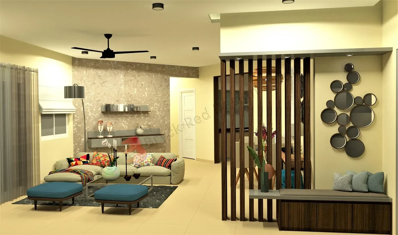 Living room with a wall-mounted television unit and timber panelling.