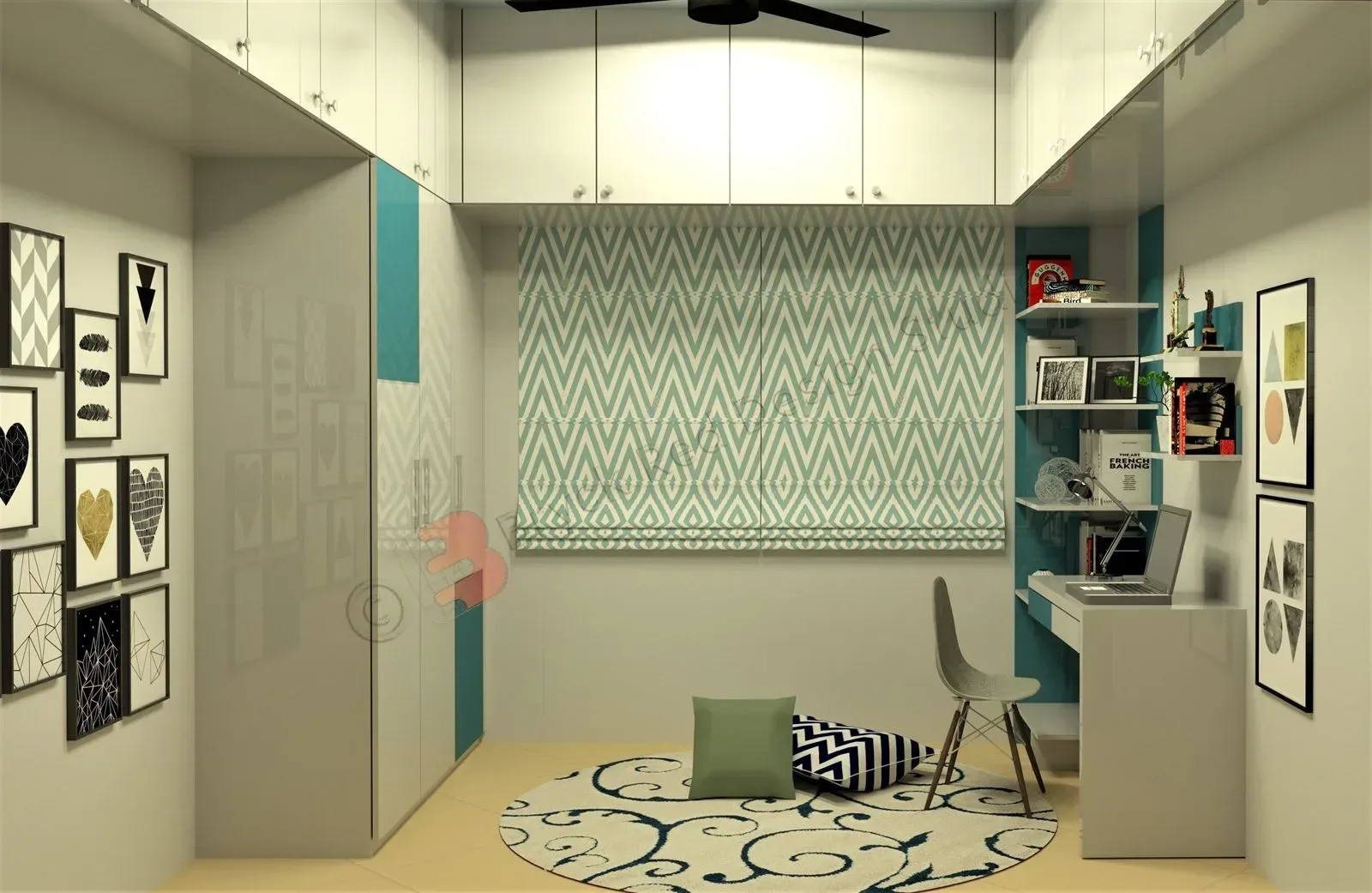 Bedroom with a fitted wardrobe run and dressing unit.