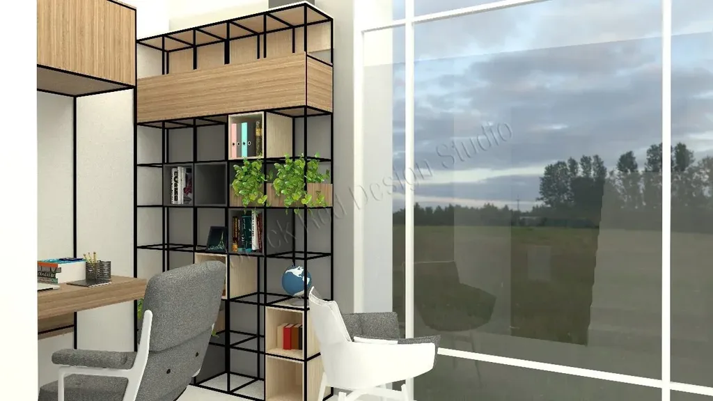 Glass-partitioned study with open shelving and a garden outlook.