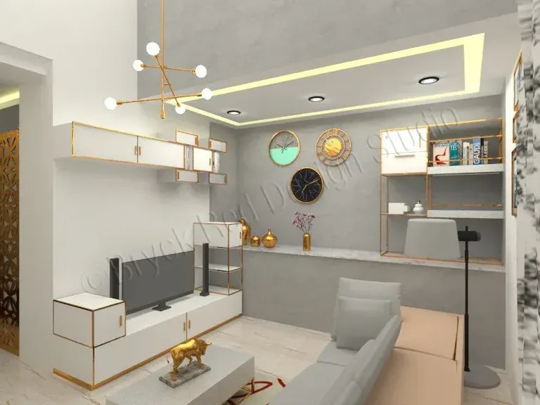 Living room with a grey sectional sofa and a panelled television wall.
